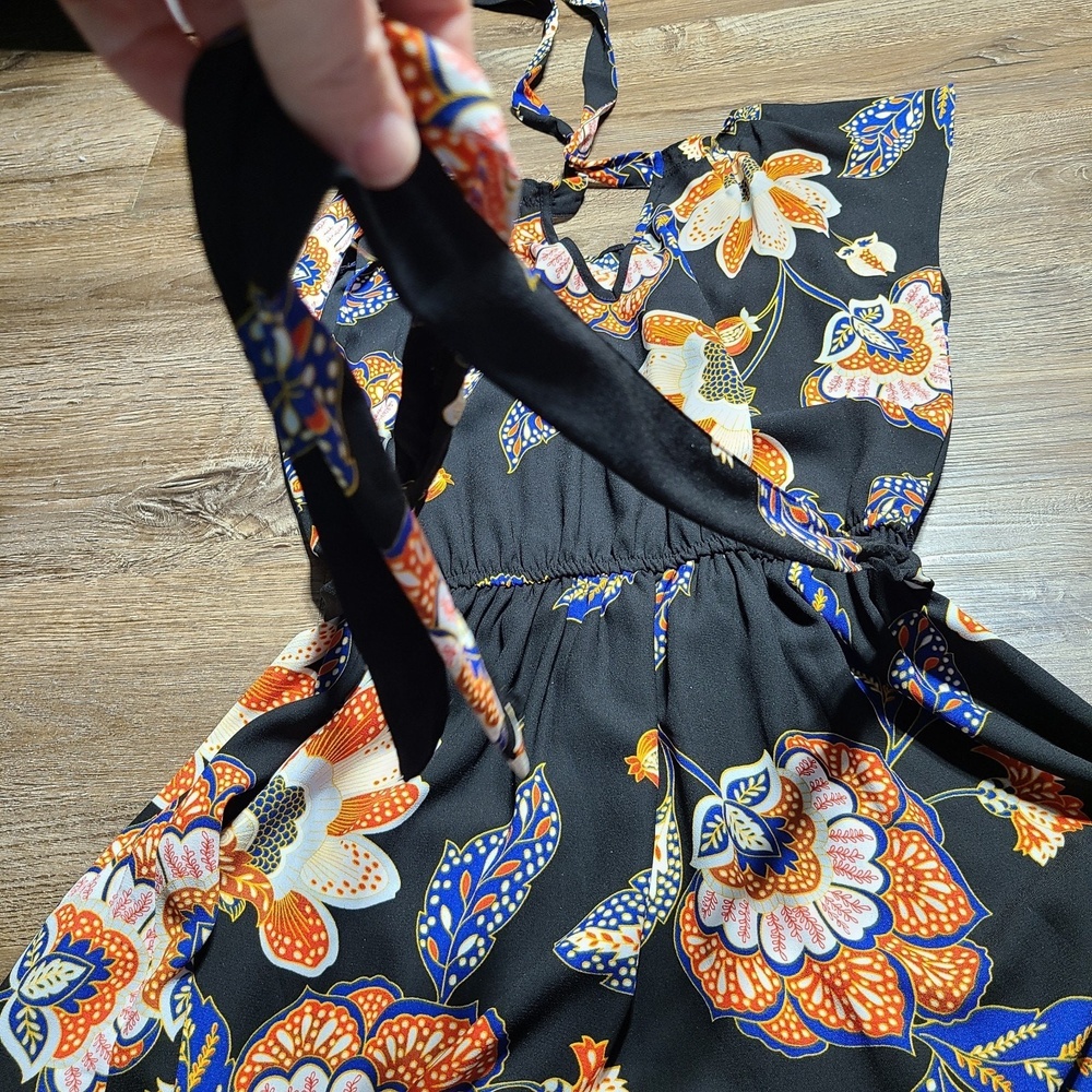 Lauren Conrad Black Floral Boho Mini Dress XS Sleeveless Tie Neck Keyhole Waist - Picture 10 of 10
